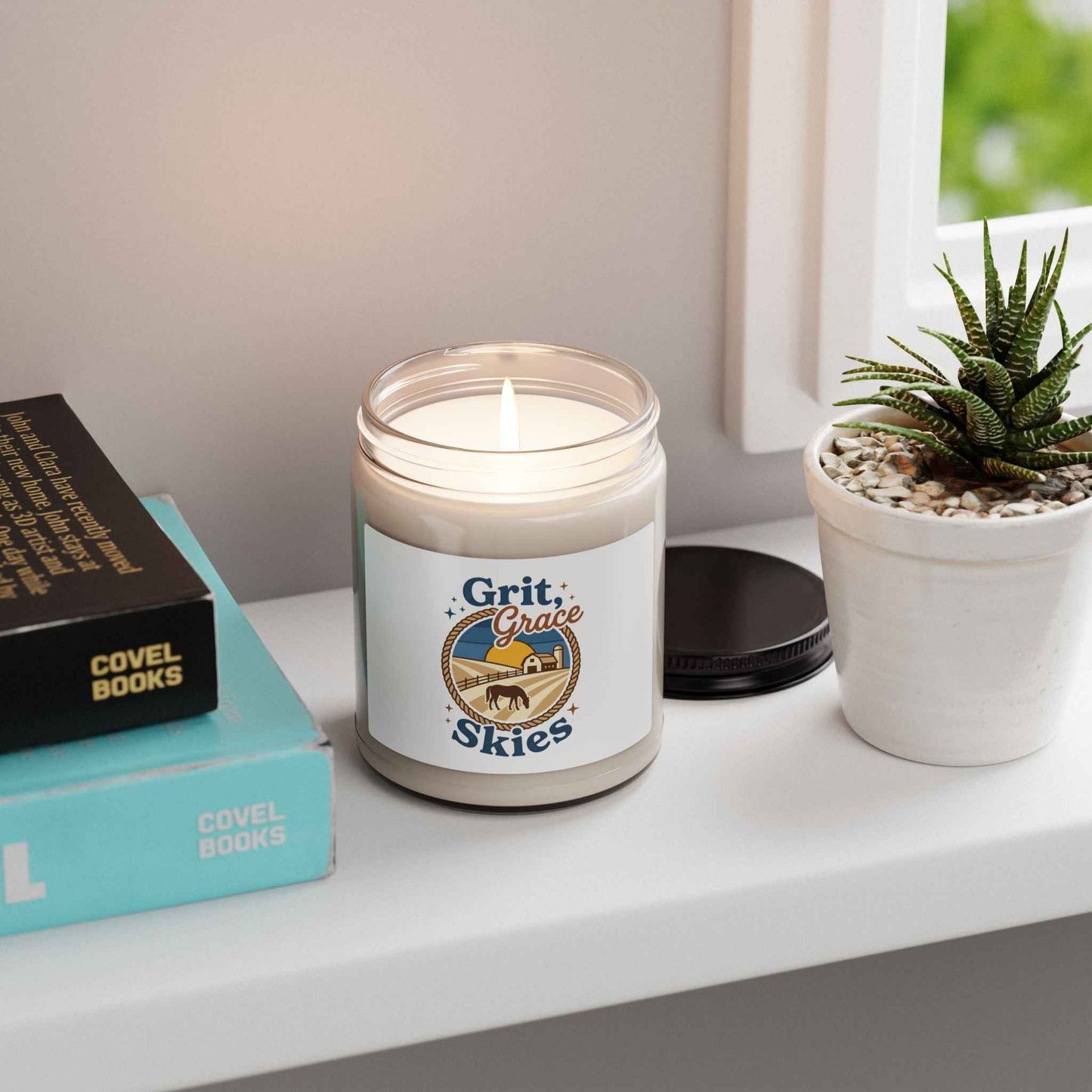 Grit + Grace Skies Candle in a white soy wax container, perfect for relaxation, with a clean cotton scent, home decor by Printify.