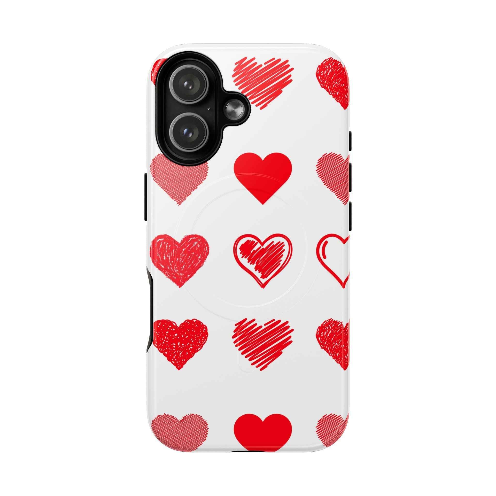 Glossy iPhone 17 MagSafe phone case with heart pattern and dual-layer shield by Printify, providing stylish protection.