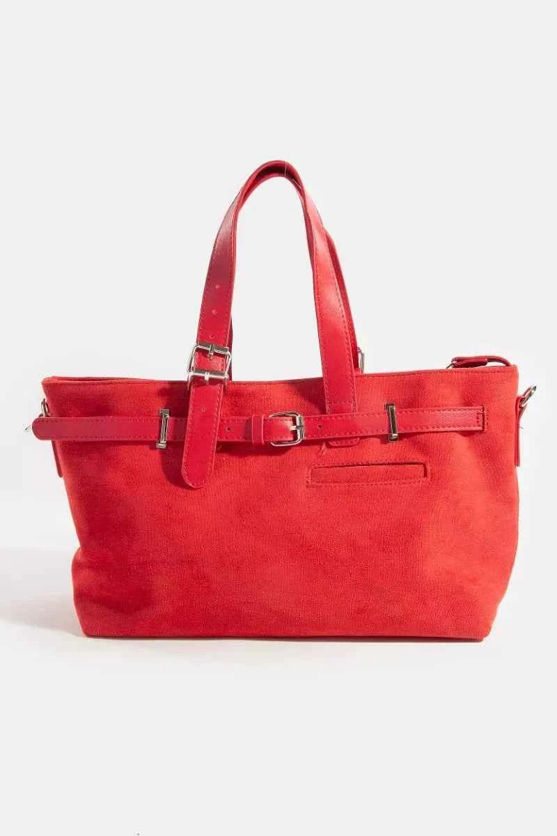 Redemption by Ashley North faux leather tote bag with chic buckle detail, stylish and spacious bag for everyday use.
