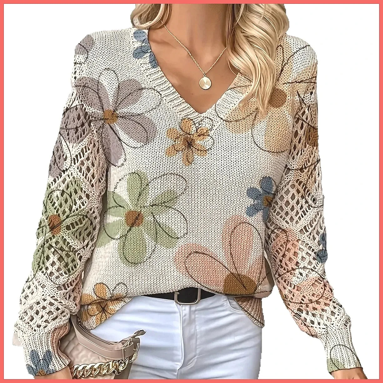 Bohemian Floral V-Neck Pullover | Hollow Print Long Sleeve Knitting Sweater | 2025 Fashion Casual Top (Characters: 78)