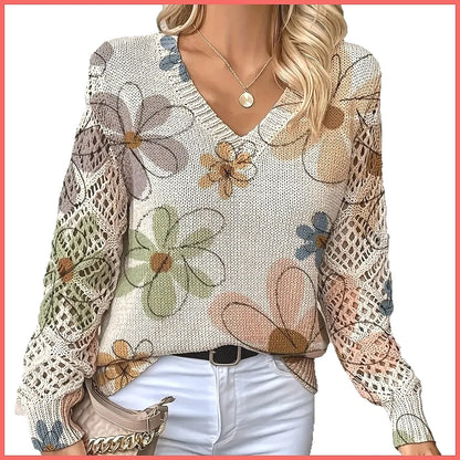 Bohemian Floral V-Neck Pullover | Hollow Print Long Sleeve Knitting Sweater | 2025 Fashion Casual Top (Characters: 78)