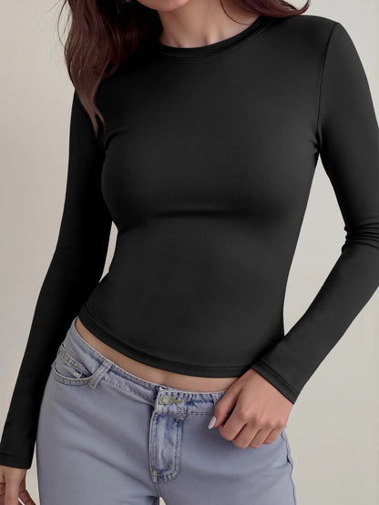 Ladies Y2K Spicy Girl Crew Neck Cropped Long Sleeve T-shirt Solid Soft Stretch Slim Tee Autumn Daily Street Casual Tops