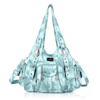 Redemption by Ashley North Angel Kiss large hobo bag in soft PU leather with adjustable strap, multiple pockets, and anti-theft zipper.