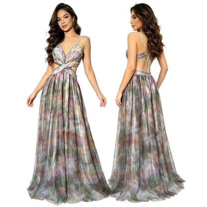 Sexy Tie-Dye Mesh Strapless Dress Deep V Neck Waist-Cinched Long Party Skirt Cross-Border Holiday Style Ethnic Stage Costume