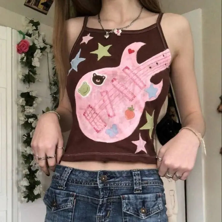 Y2k Subculture Punk Rock Camisole Retro Guitar Print Halter Vest Ladies Hip Hop Hottie Slim Tops Street Fashion Chic Clothing