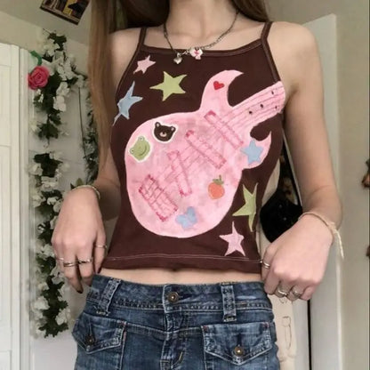 Y2k Subculture Punk Rock Camisole Retro Guitar Print Halter Vest Ladies Hip Hop Hottie Slim Tops Street Fashion Chic Clothing