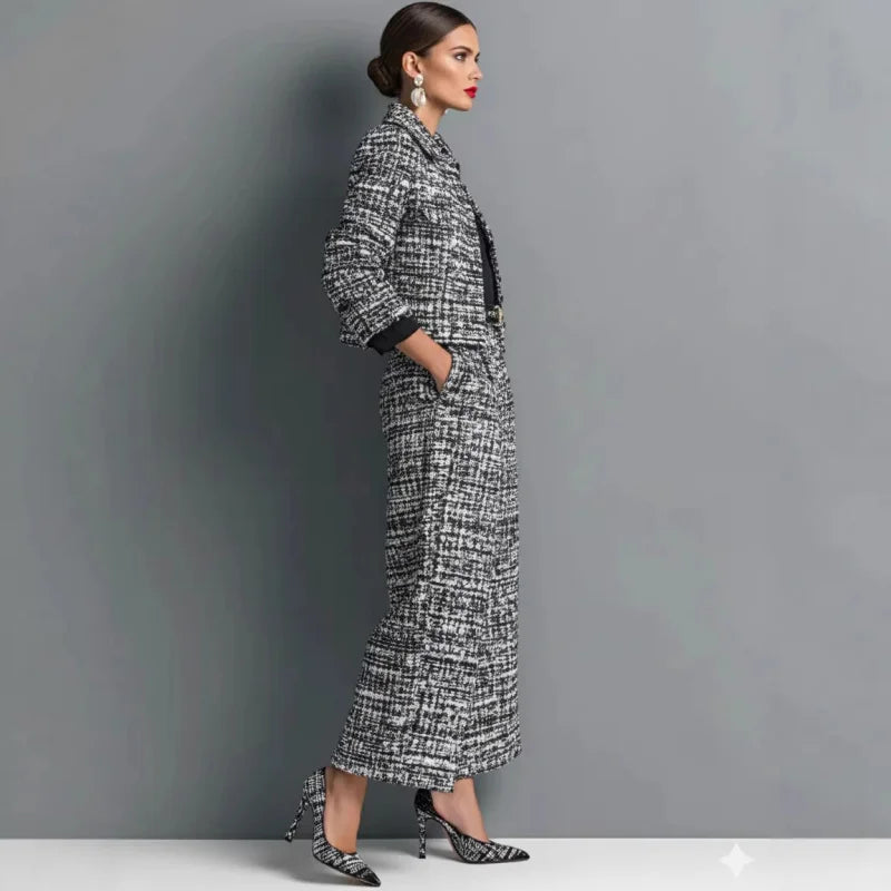 QICHE New 2026 Women European Matching Set Lapel Long‑Sleeve Cropped Jacket Slim‑Fit Wide‑Leg Pants Outfit