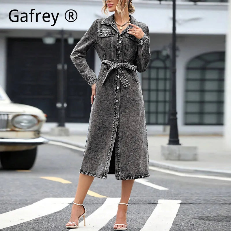 Women Long Sleeve Denim Dress Autumn Winter Slim Waist A Line Jean Dress Casual Bodycon Midi Dresses Fashion Streetwear Outfits