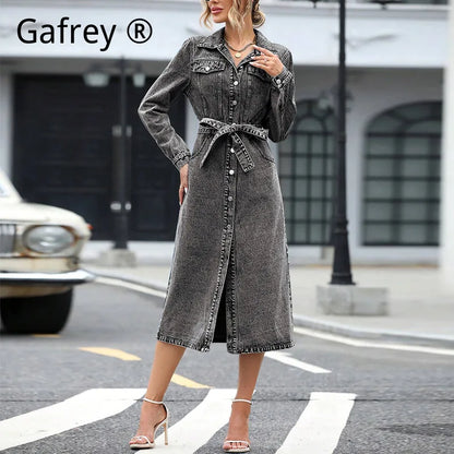 Women Long Sleeve Denim Dress Autumn Winter Slim Waist A Line Jean Dress Casual Bodycon Midi Dresses Fashion Streetwear Outfits