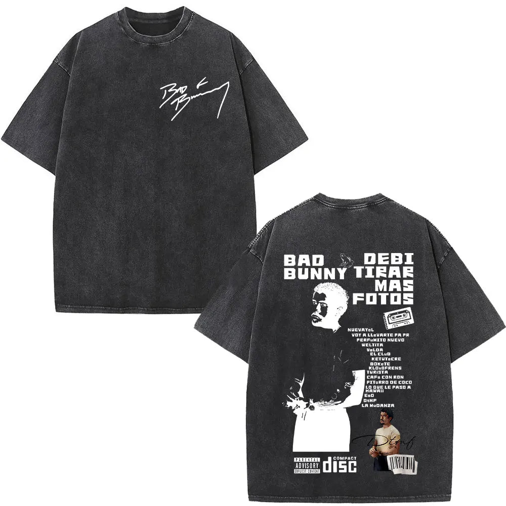 Washed Vintage Rapper Bad Bunny T-shirt Debi Tirar Mas Fotos DTMF Album 2025 T Shirts Men Women Hip Hop Oversized T-shirts Tops