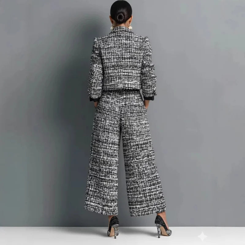 QICHE New 2026 Women European Matching Set Lapel Long‑Sleeve Cropped Jacket Slim‑Fit Wide‑Leg Pants Outfit