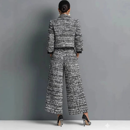QICHE New 2026 Women European Matching Set Lapel Long‑Sleeve Cropped Jacket Slim‑Fit Wide‑Leg Pants Outfit