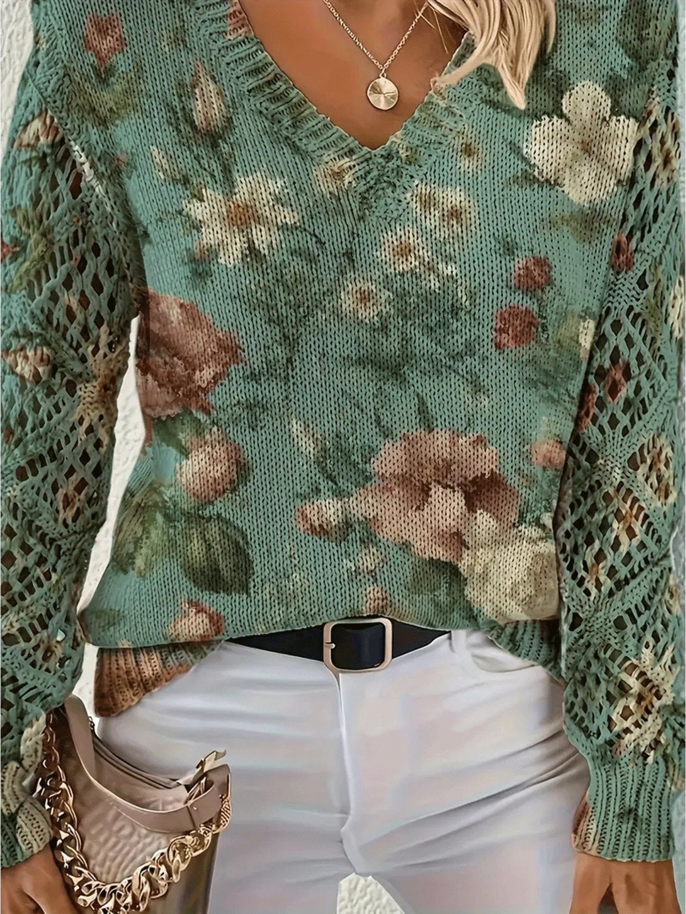 Bohemian Floral V-Neck Pullover | Hollow Print Long Sleeve Knitting Sweater | 2025 Fashion Casual Top (Characters: 78)