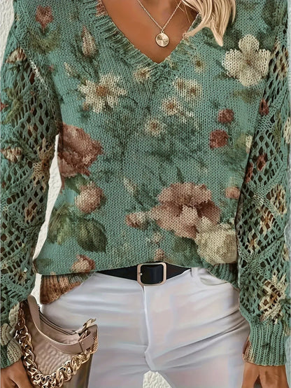 Bohemian Floral V-Neck Pullover | Hollow Print Long Sleeve Knitting Sweater | 2025 Fashion Casual Top (Characters: 78)