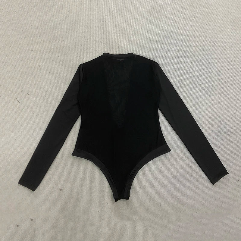 Spring Summer Sexy Deep V-Neck Mesh Splicing Long Sleeve Jumpsuit Fashionable Casual Women's Clothing