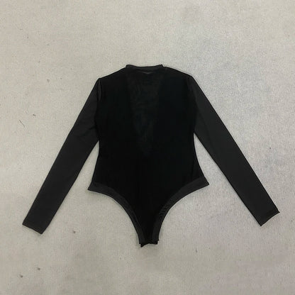 Spring Summer Sexy Deep V-Neck Mesh Splicing Long Sleeve Jumpsuit Fashionable Casual Women's Clothing