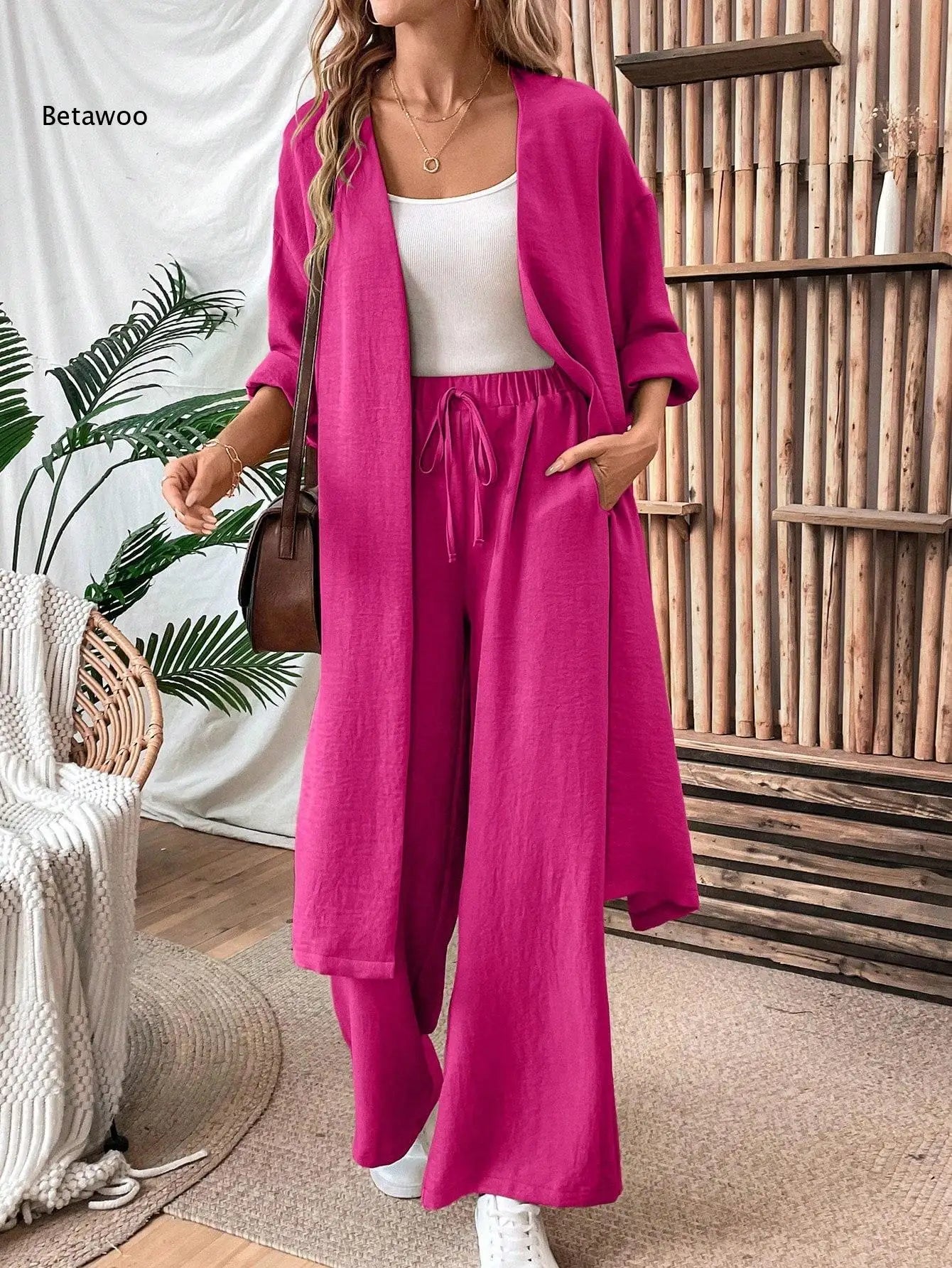 Women Two Piece Outfit Long Open Front Cardigan and Elastic Waist Wide Leg Pants Set Loose Casual Suit for Vacation Daily Wear