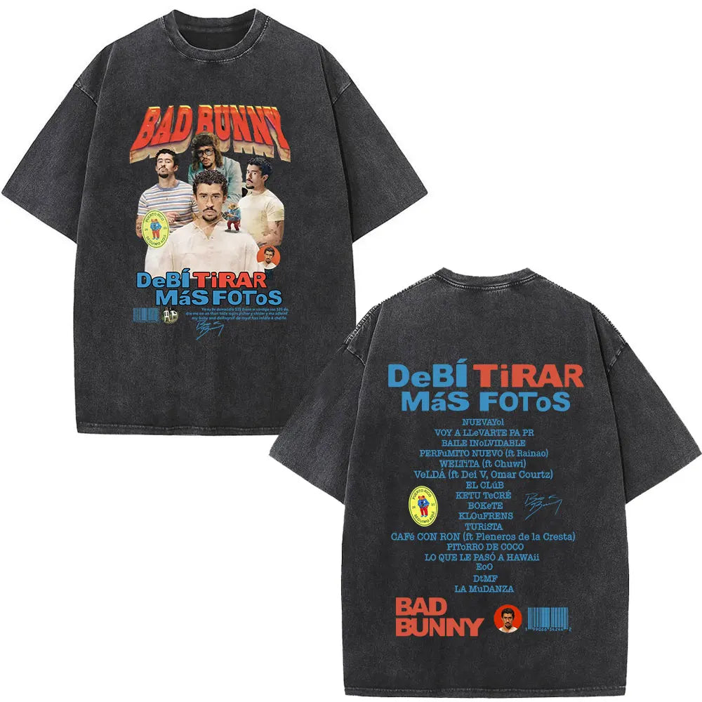 Washed Vintage Rapper Bad Bunny T-shirt Debi Tirar Mas Fotos DTMF Album 2025 T Shirts Men Women Hip Hop Oversized T-shirts Tops