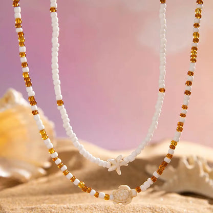 Tocona Bohemian Colorful Bead Necklace for Women Summer Handmade Starfish Tortoise Choker Chain Beach Jewelry Accessories