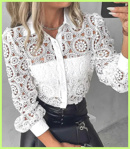 2025 Women's White Lace Shirt, Elegant Hollow Out Vintage Top Long Sleeve Blouse