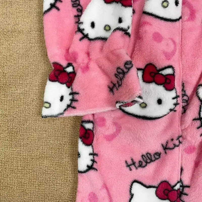 Nightgown Hello Kitty New Autumn Winter Warm Mid-Length Bathrobe Women's Warm Pajamas Home Clothes Can Be Worn Outside The Robe