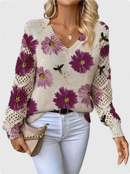 Bohemian Floral V-Neck Pullover | Hollow Print Long Sleeve Knitting Sweater | 2025 Fashion Casual Top (Characters: 78)