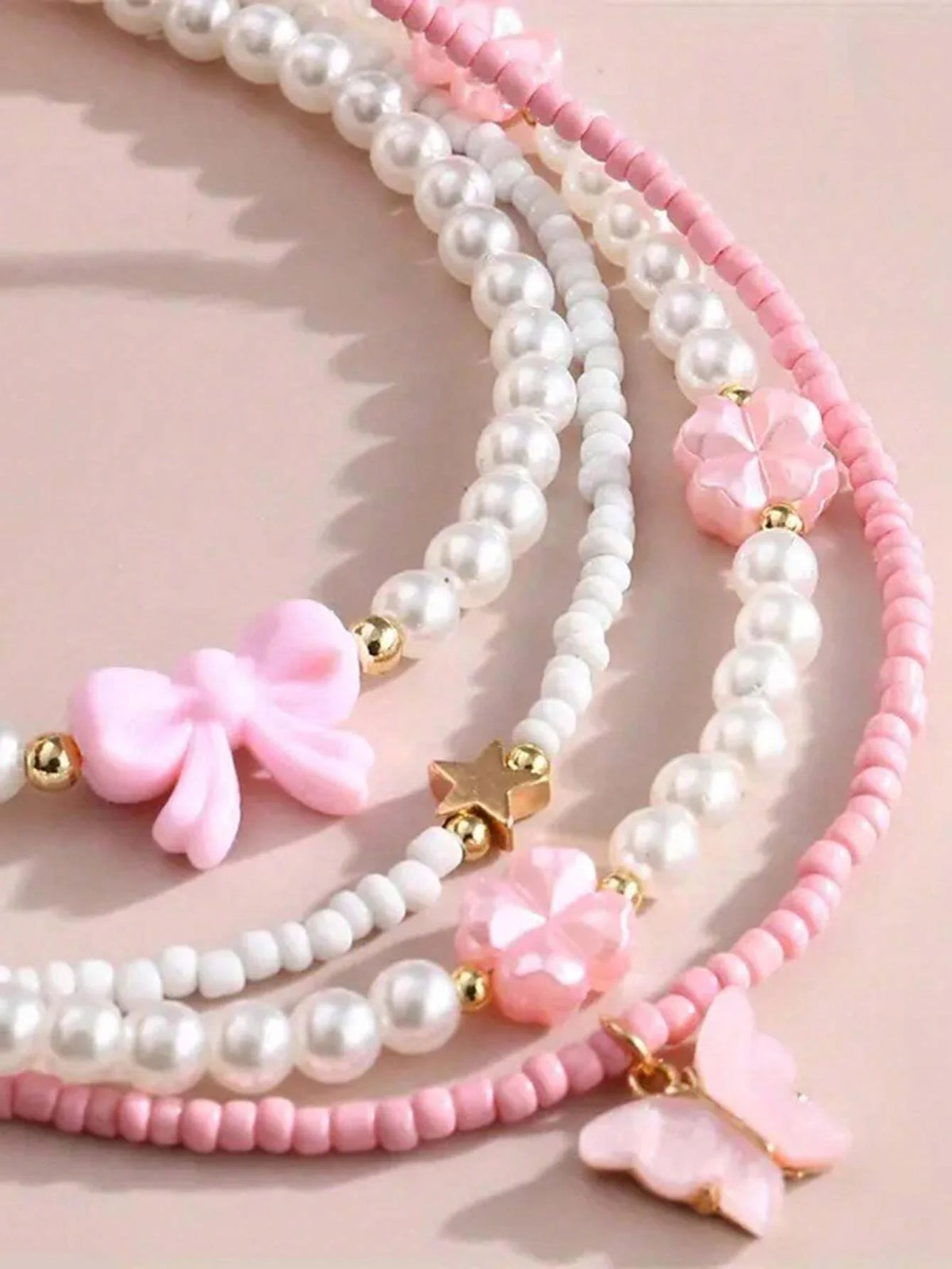 4pcs/Set Girls' Butterfly Heart Flower Pearl & Beaded Handmade Necklace Set Children Teen Friendship Best Gift For Friends