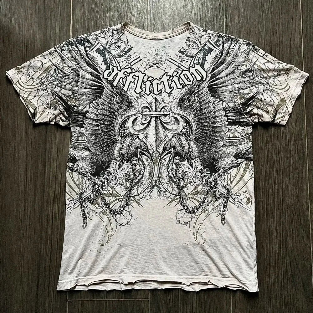 Summer Men's Breathable Round Neck T-shirt Y2K Retro Clothing Punk Hip Hop Pattern Printed Outdoor Fashion Top