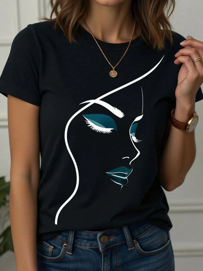 Women's T-Shirt Abstract Face Line Art Graphic Print Tops Casual O-Neck Short Sleeve Tee Summer Outdoor Fashion Female Clothing