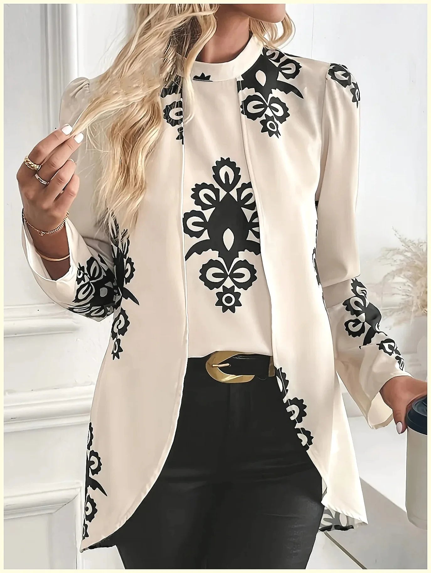 2026 Fashion Women's Long Sleeve Print Blouse, Elegant Office Top with Fake Two-Piece Design