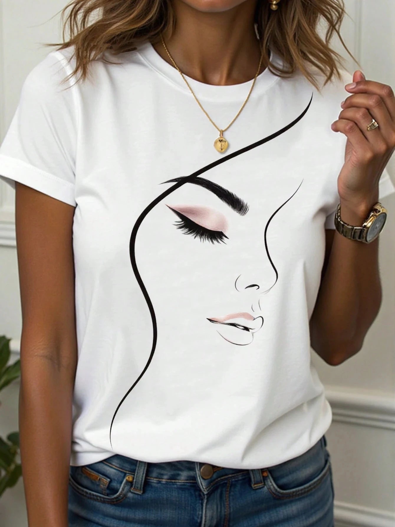 Women's T-Shirt Abstract Face Line Art Graphic Print Tops Casual O-Neck Short Sleeve Tee Summer Outdoor Fashion Female Clothing