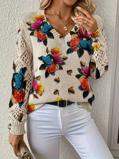 Bohemian Floral V-Neck Pullover | Hollow Print Long Sleeve Knitting Sweater | 2025 Fashion Casual Top (Characters: 78)
