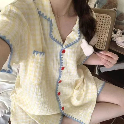 Cute Summer Color-Block Checkered Pajamas for Women: Short-Sleeve Set, Sweet Loungewear Two-Piece Set, Women's Summer Clothing