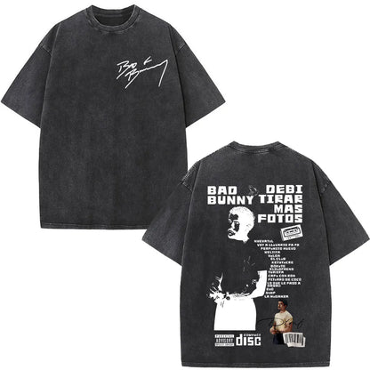 Washed Vintage Rapper Bad Bunny T-shirt Debi Tirar Mas Fotos DTMF Album 2025 T Shirts Men Women Hip Hop Oversized T-shirts Tops