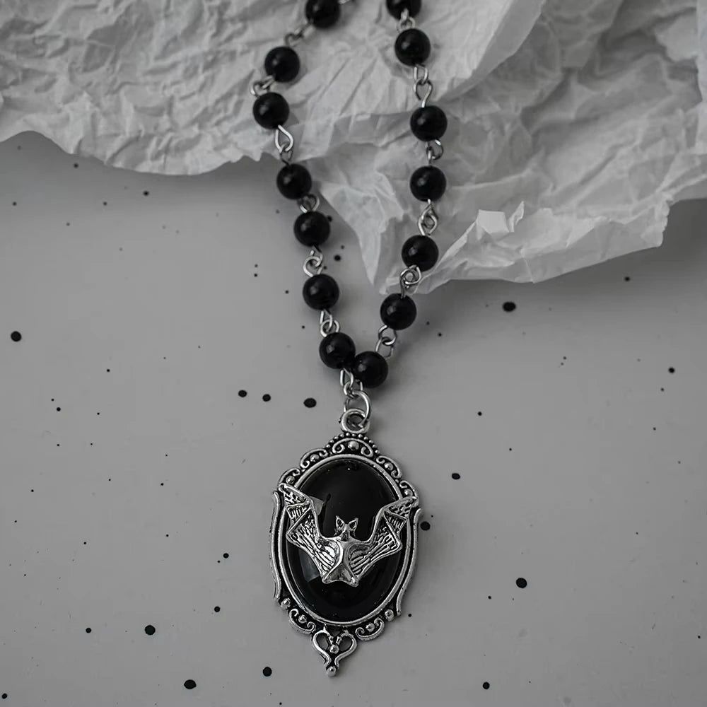 Vintage Gothic Bat Cross Dark Pendant Necklace Y2K Personalized Thorn Love Black Bead Stacked Necklace Suitable Halloween Gifts