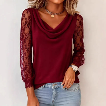 Women Cowl Neck Blouse Lace Splice 3 4 Sleeve Spring Summer Casual Loose Ladies T Shirt