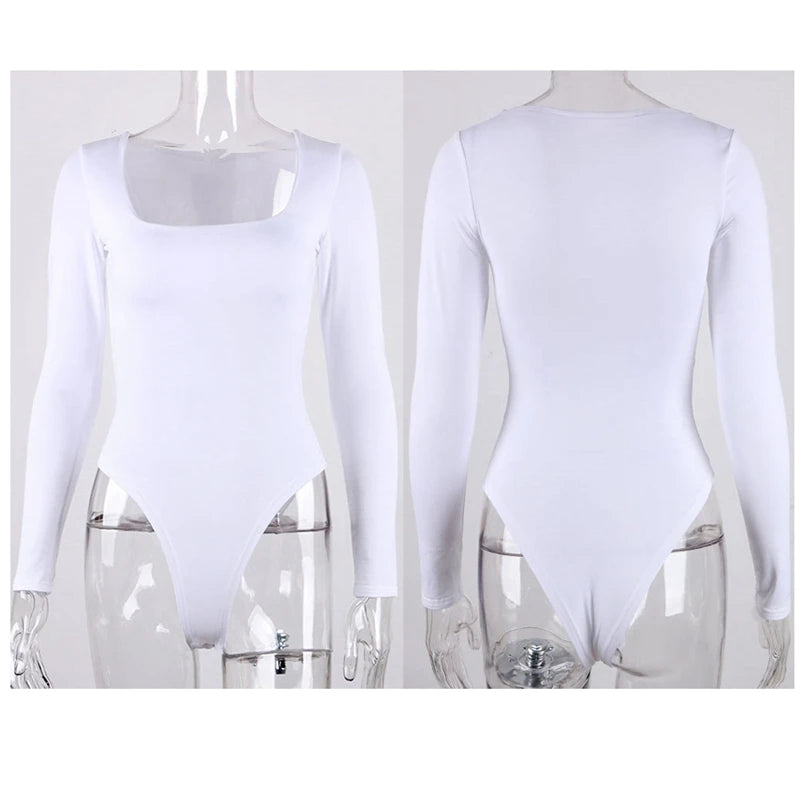 Long Sleeve Bodysuits Spring 2025 Square-Cut Collar Solid Bodycon Elastic Romper Sexy Y2k Women Clothing Fashion Club Party 2520
