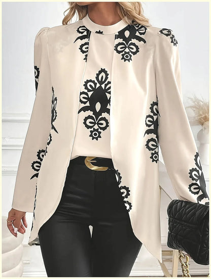 2026 Fashion Women's Long Sleeve Print Blouse, Elegant Office Top with Fake Two-Piece Design