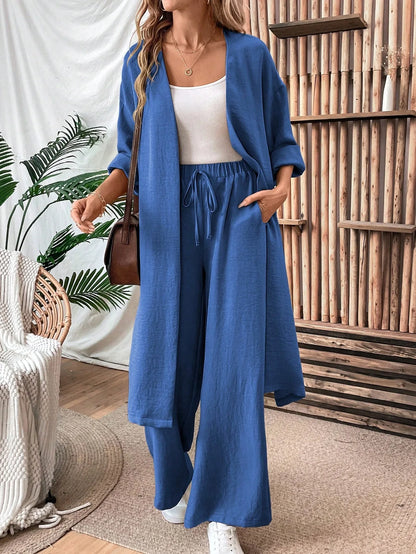 Women Two Piece Outfit Long Open Front Cardigan and Elastic Waist Wide Leg Pants Set Loose Casual Suit for Vacation Daily Wear