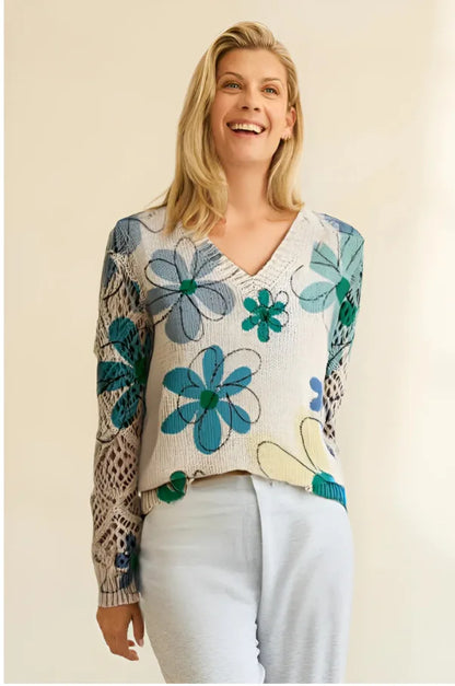 Bohemian Floral V-Neck Pullover | Hollow Print Long Sleeve Knitting Sweater | 2025 Fashion Casual Top (Characters: 78)