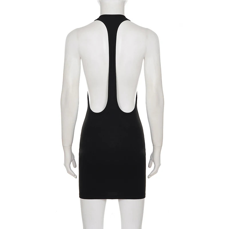 SUCHCUTE Black Sexy Backless Halter Dress Women Sleeveless Low-Neck Party Club Dress Aesthetic 90s Clubwear Clothing Chic Outfit