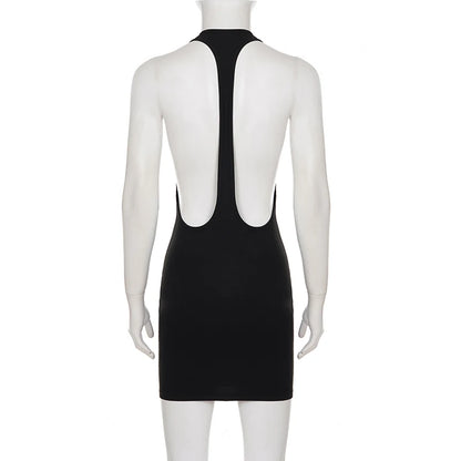 SUCHCUTE Black Sexy Backless Halter Dress Women Sleeveless Low-Neck Party Club Dress Aesthetic 90s Clubwear Clothing Chic Outfit