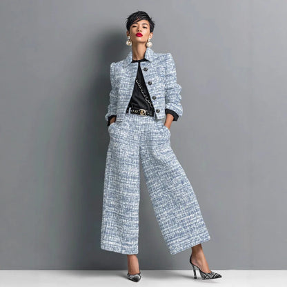 QICHE New 2026 Women European Matching Set Lapel Long‑Sleeve Cropped Jacket Slim‑Fit Wide‑Leg Pants Outfit