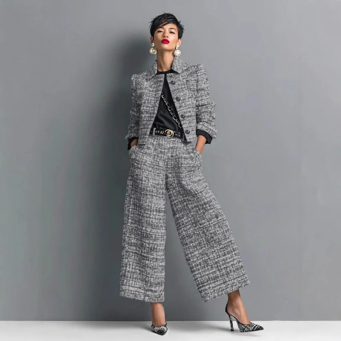 QICHE New 2026 Women European Matching Set Lapel Long‑Sleeve Cropped Jacket Slim‑Fit Wide‑Leg Pants Outfit