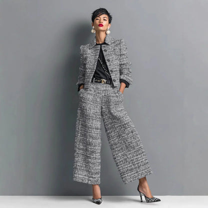 QICHE New 2026 Women European Matching Set Lapel Long‑Sleeve Cropped Jacket Slim‑Fit Wide‑Leg Pants Outfit