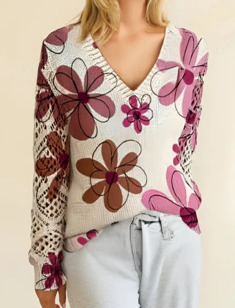 Bohemian Floral V-Neck Pullover | Hollow Print Long Sleeve Knitting Sweater | 2025 Fashion Casual Top (Characters: 78)