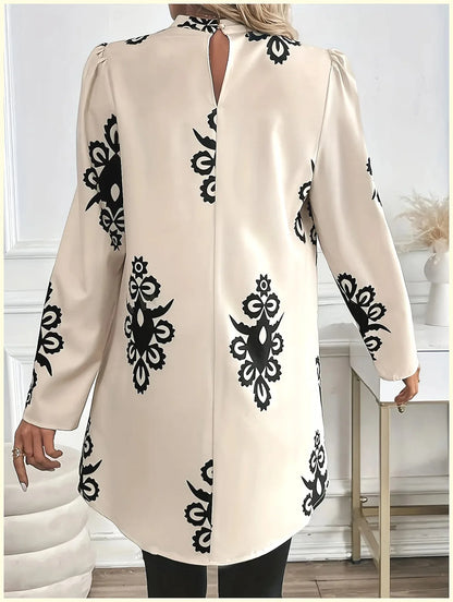 2026 Fashion Women's Long Sleeve Print Blouse, Elegant Office Top with Fake Two-Piece Design