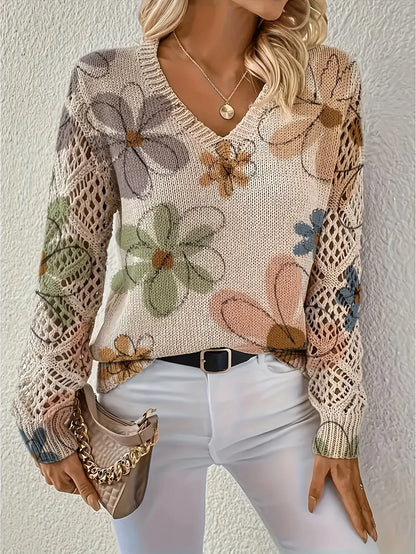 Bohemian Floral V-Neck Pullover | Hollow Print Long Sleeve Knitting Sweater | 2025 Fashion Casual Top (Characters: 78)
