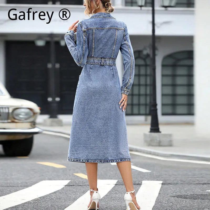 Women Long Sleeve Denim Dress Autumn Winter Slim Waist A Line Jean Dress Casual Bodycon Midi Dresses Fashion Streetwear Outfits