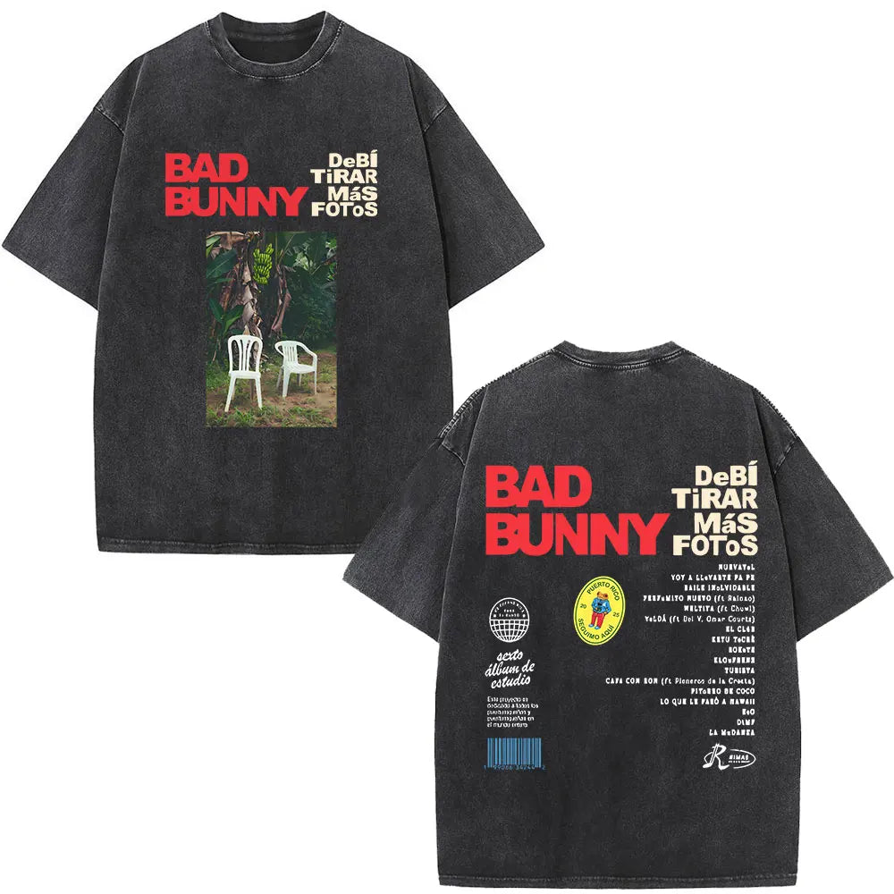 Washed Vintage Rapper Bad Bunny T-shirt Debi Tirar Mas Fotos DTMF Album 2025 T Shirts Men Women Hip Hop Oversized T-shirts Tops